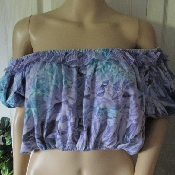 Vintage 80's Purple Puff sleeve crop top S M L - Picture 4 of 9